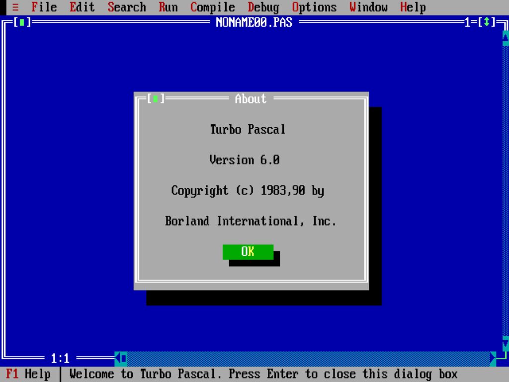 Home screen of Borland Turbo Pascal 6